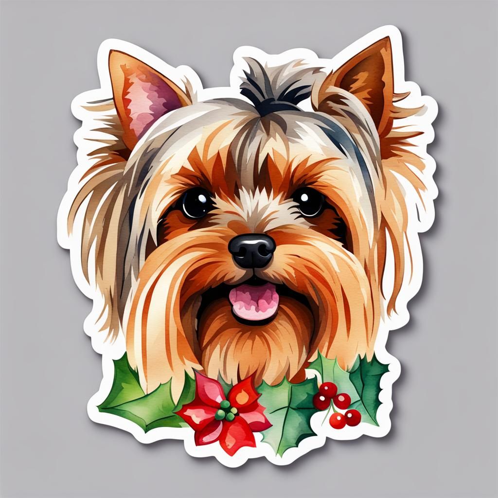 Festive Yorkshire Terrier Watercolor Sticker