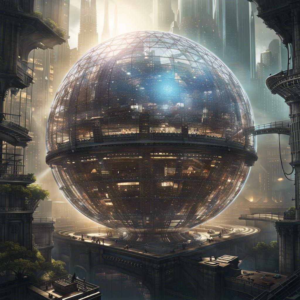 Dystopian Cityscape with Transparent Dyson Sphere