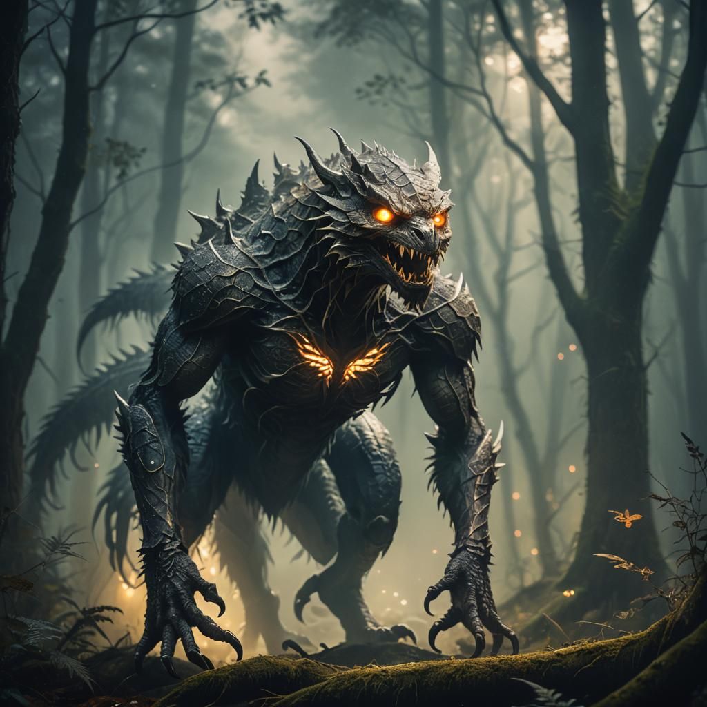 Mysterious Scaled Cryptid in Misty Forest Portrait