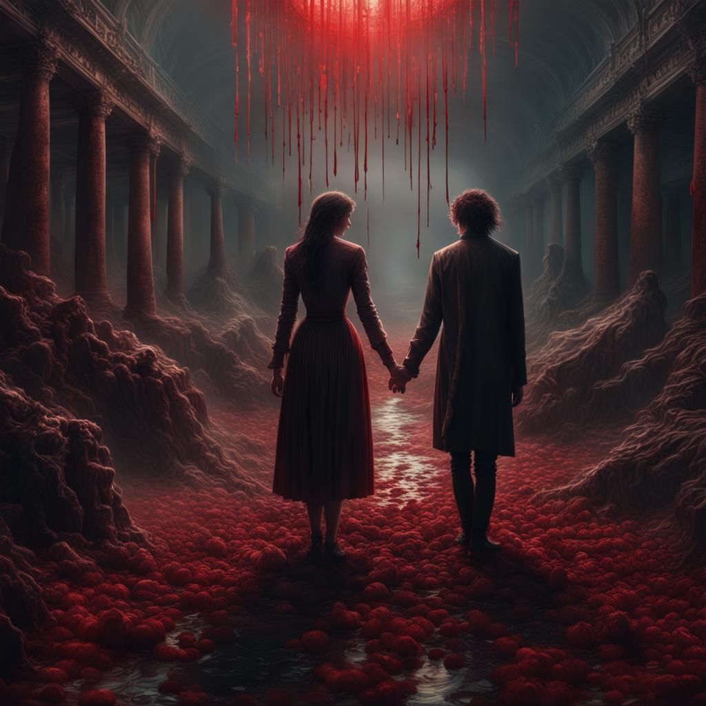 Bleeding Lovers Holding Hands: Dramatic Digital Painting