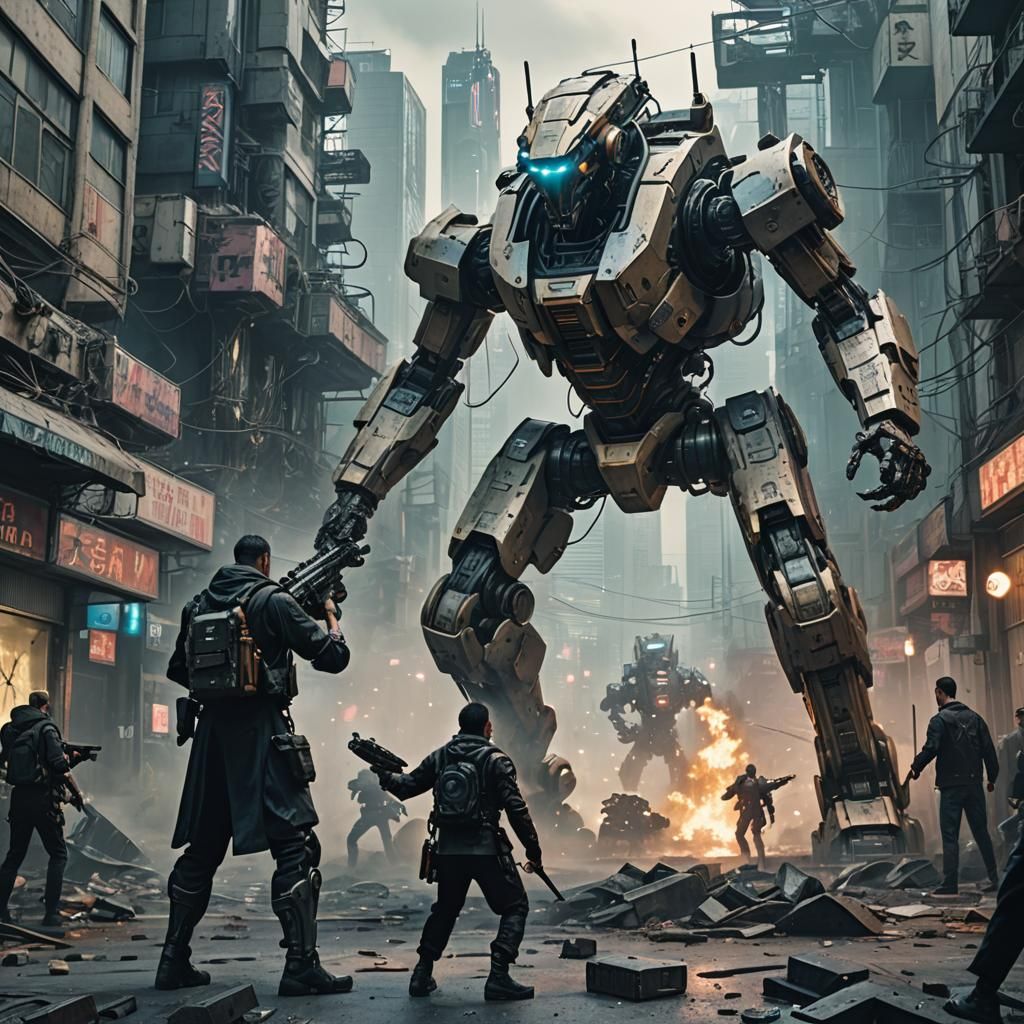 Cyberpunk Soldier vs. Robot in Dystopian City