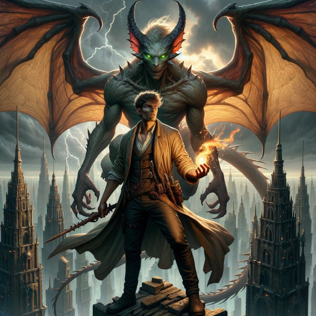 Ancient Warrior with Gigantic Winged Dragon, Standing on Sky...