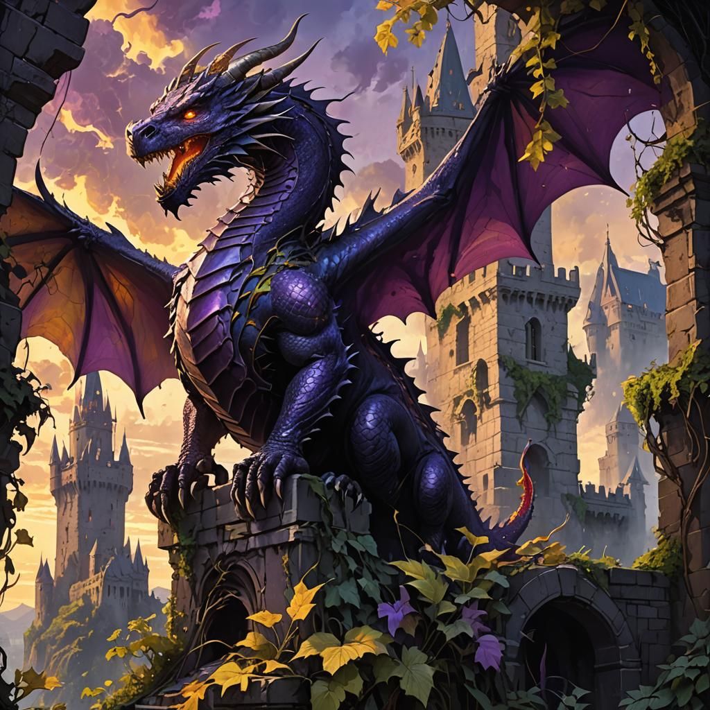 Dragon on Ruined Castle Wall in Dark Fantasy Style