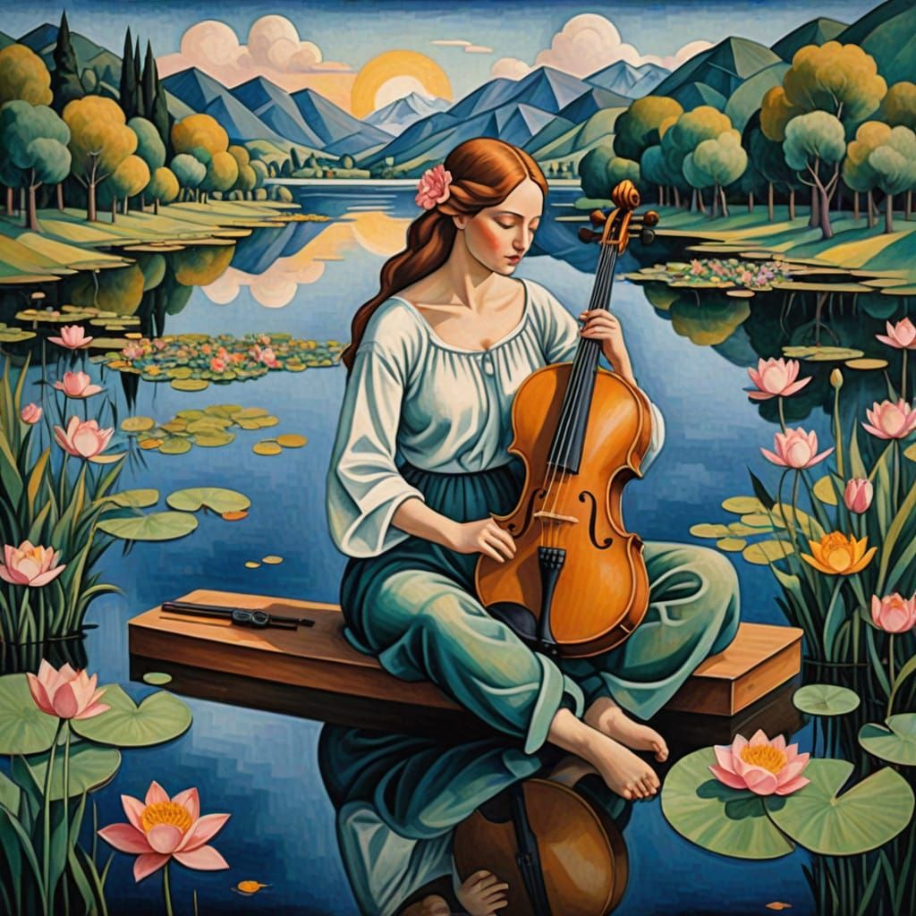 Woman Playing Violin on a Tranquil Lake in Cubist Style