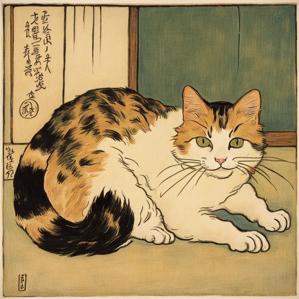 Cat in Japanese Woodblock and Post-Impressionist Style