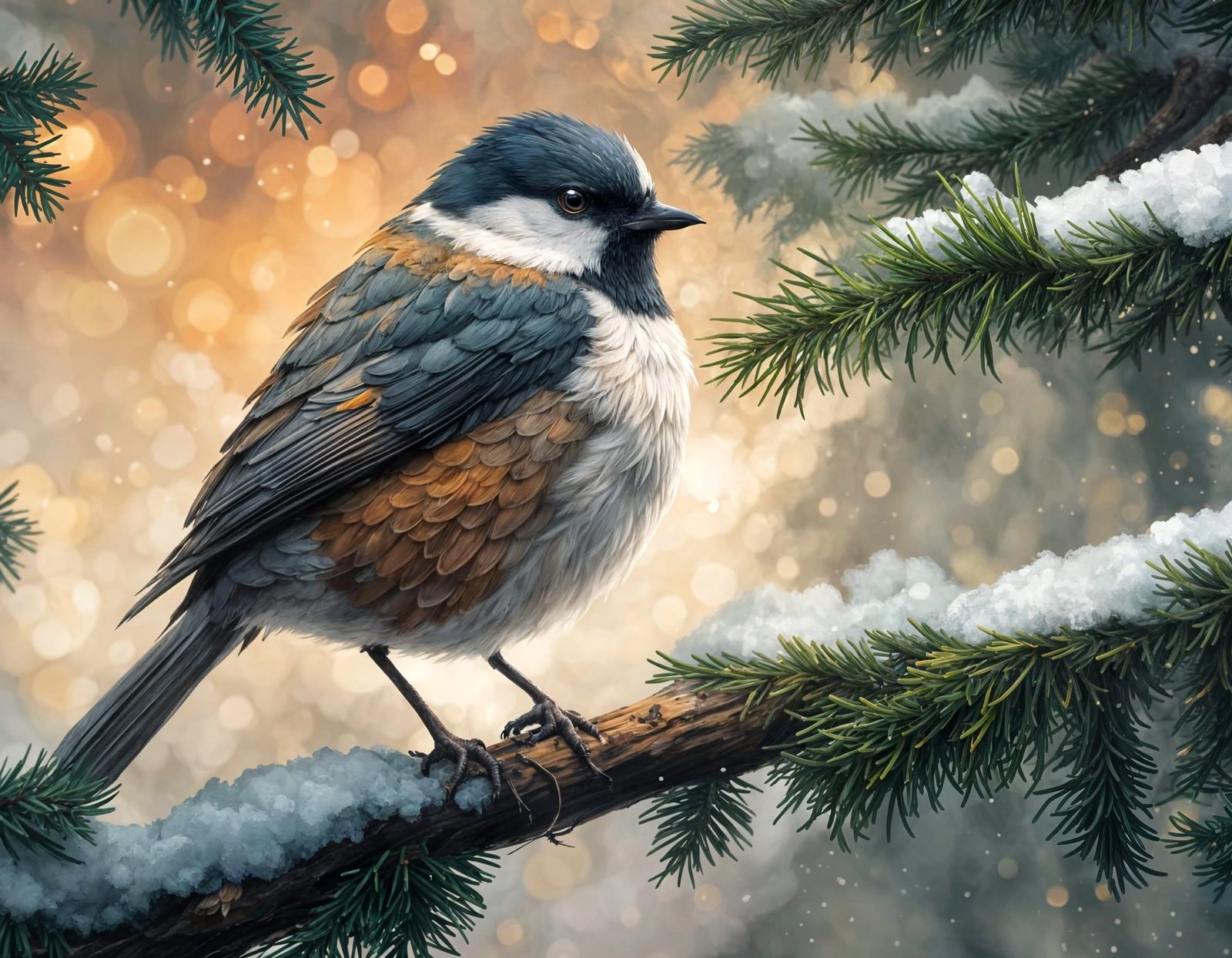 Misty Carpathian Forest Bird on Fir Branch