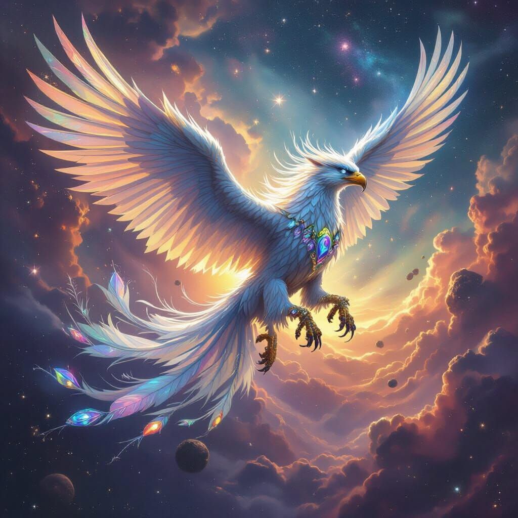 Majestic Gryphon Soars Through Nebula Sky in Epic Fantasy Ar...