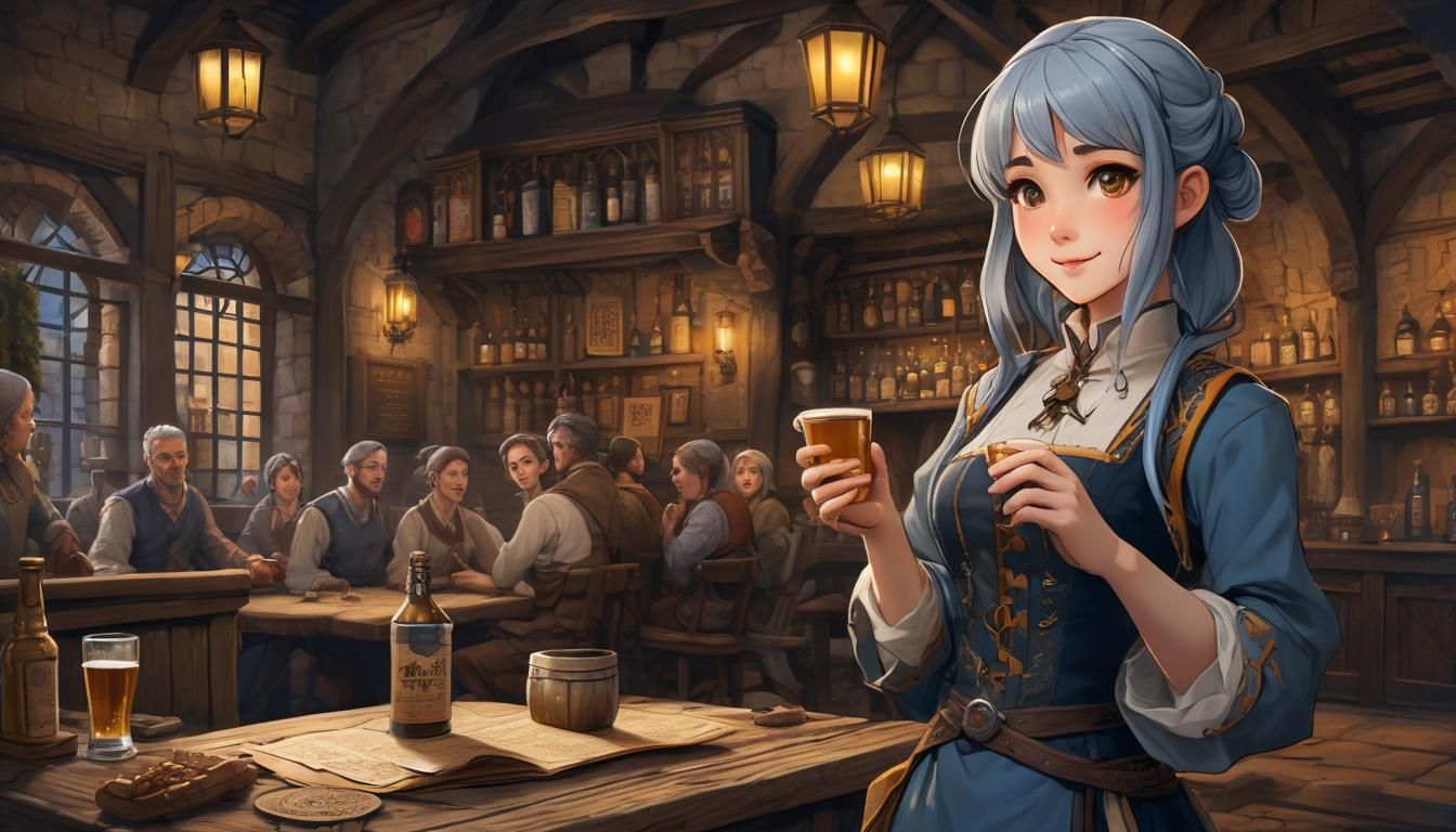 Medieval Tavern Waitress at Dusk in Anime Style