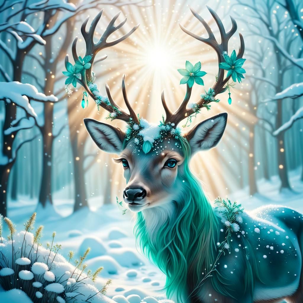 Enchanted Winter Deer with Emeralds and Magic