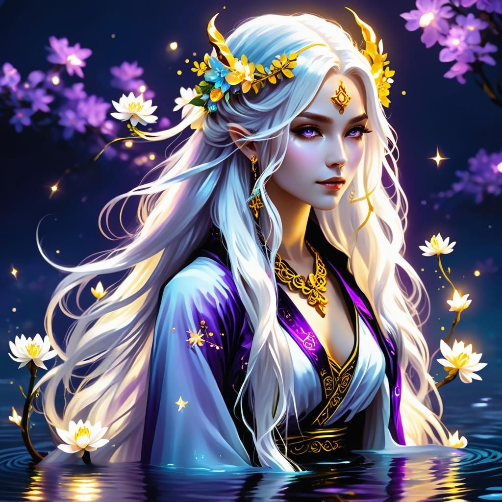 Tiefling Priestess Walking on Water: Maximalist Illustration