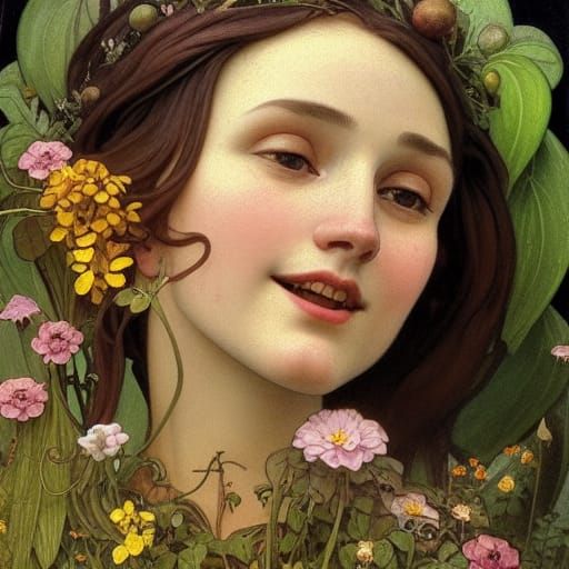 Smiling Elven Botanist with Flowers, Oil Painting