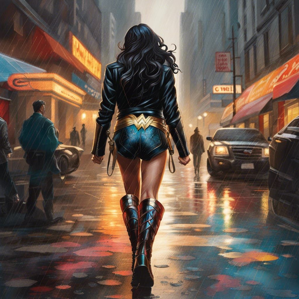 Wonder Woman in Leather Jacket on Rainy Street