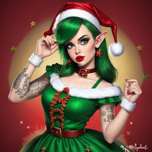 Punky Christmas Elf Pin-Up Digital Portrait