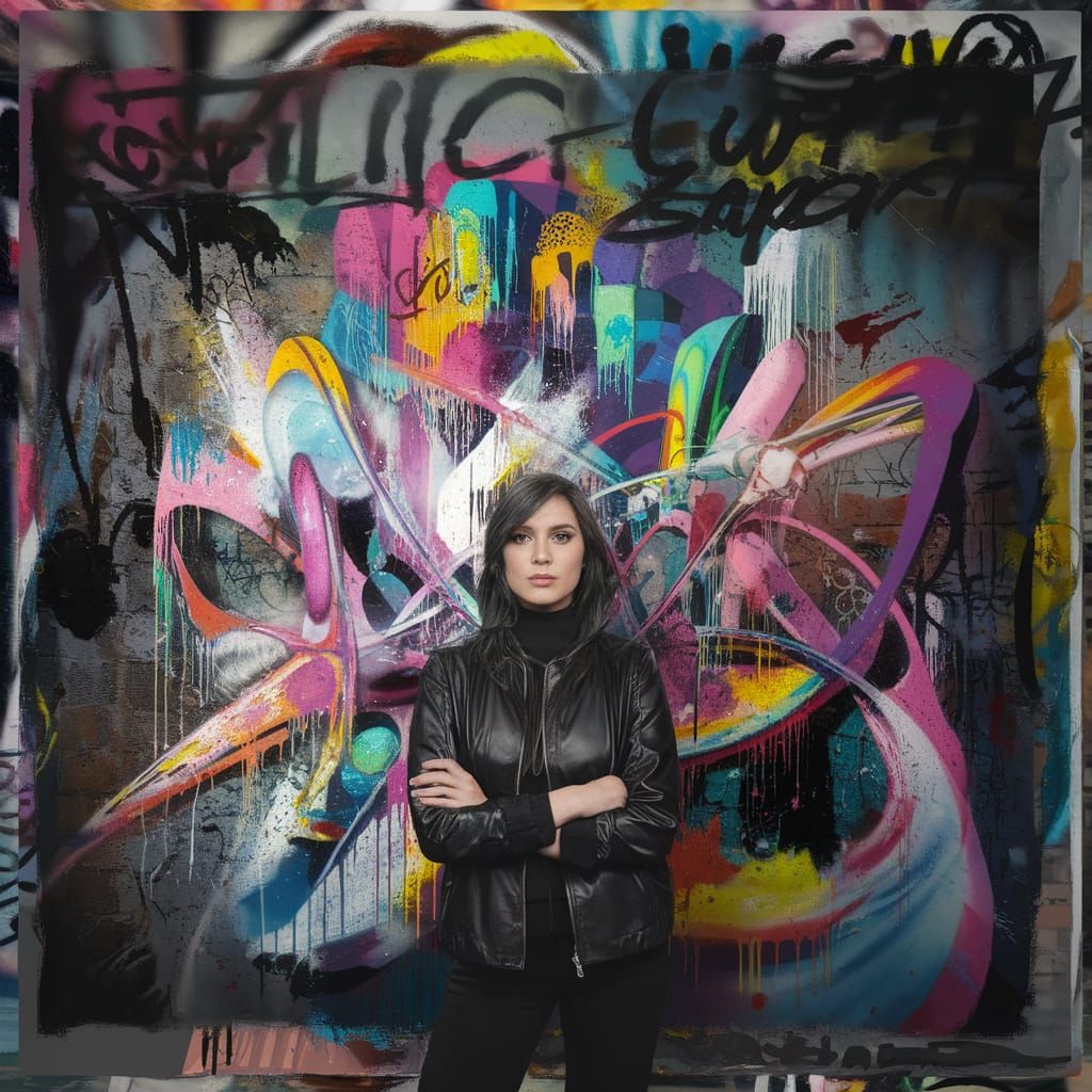 Video Editor Posing with Colorful Studio Graffiti Art