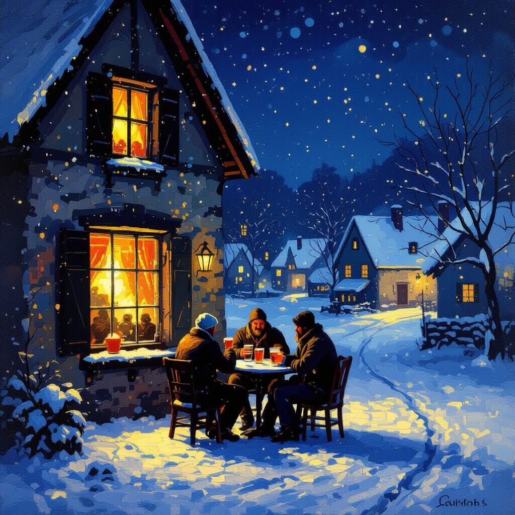 Neo-Impressionist Village Night Scene: Men Reveling in Taver...