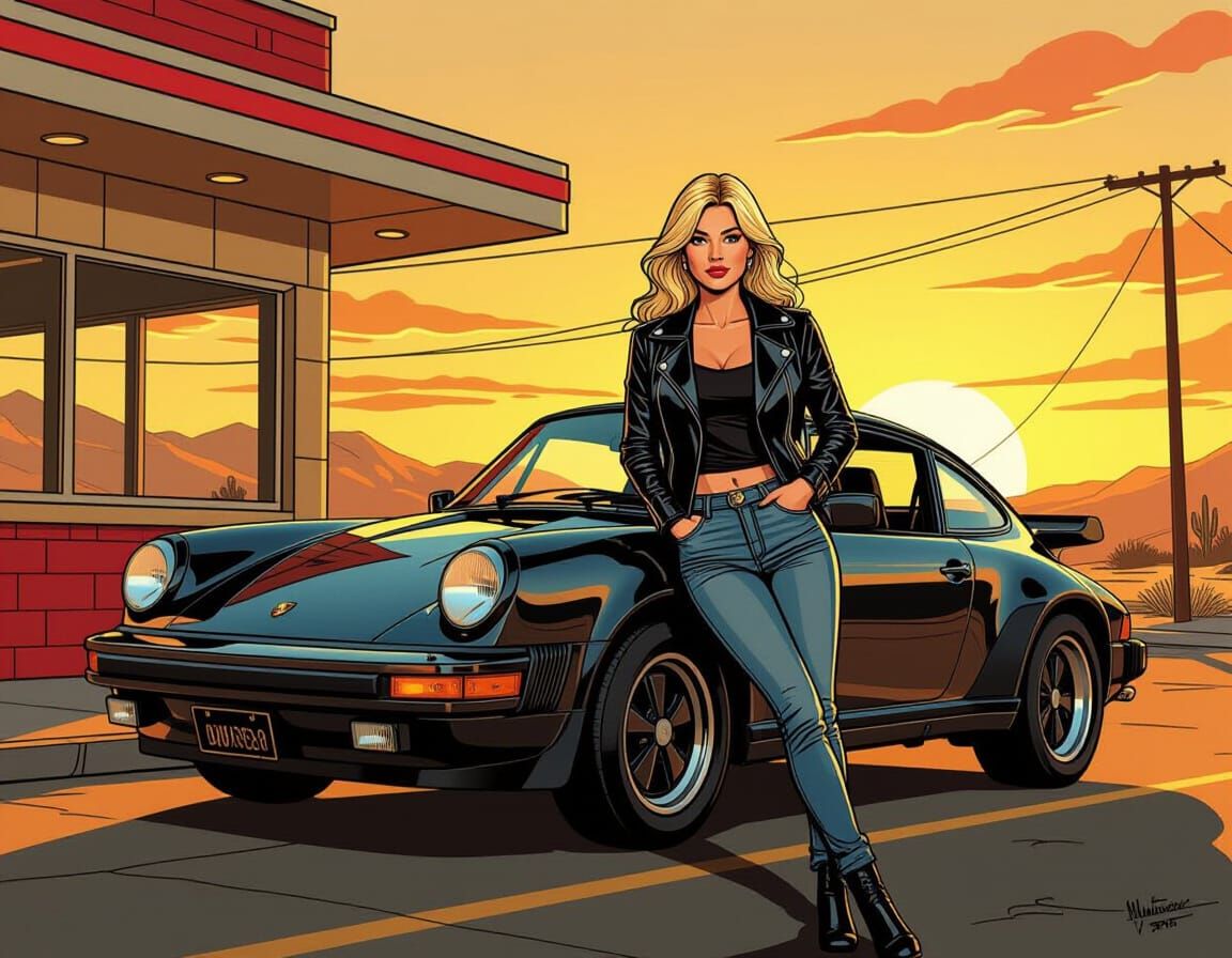 Blonde Woman and Porsche 911 in Retro Comic Art Style