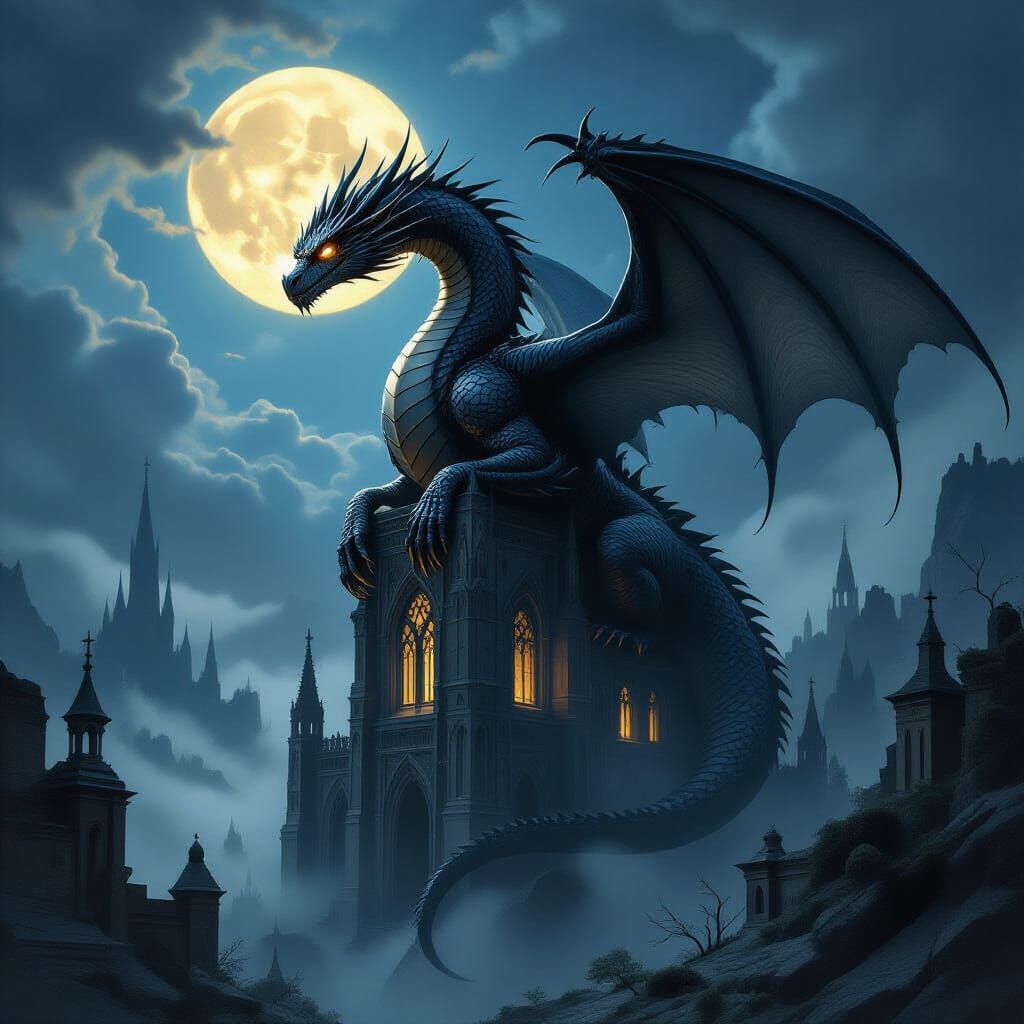 Ancient Obsidian Dragon Coiled on Gothic Cathedral