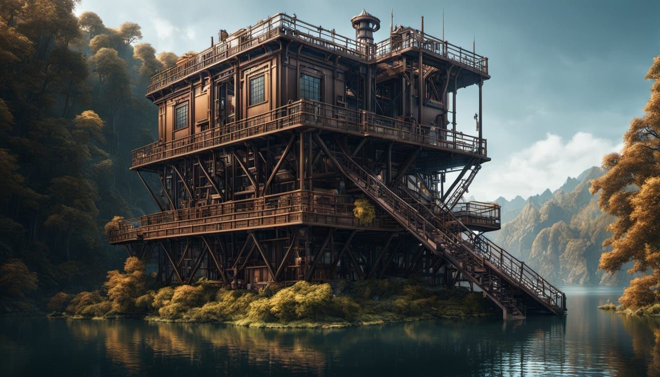 Futuristic Robotic Building with Lake Stairwell