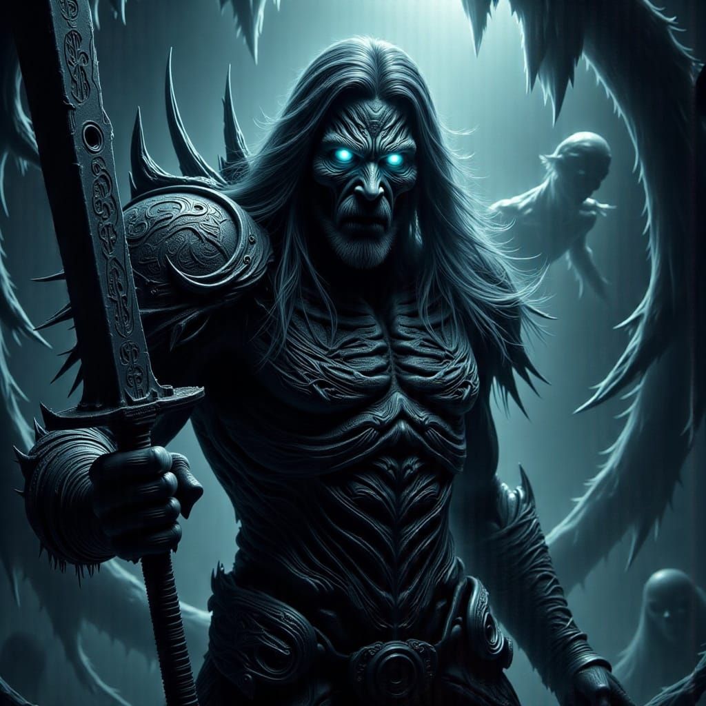 Battle-Hardened Warrior Wields Dark Blade with Malevolent Au...