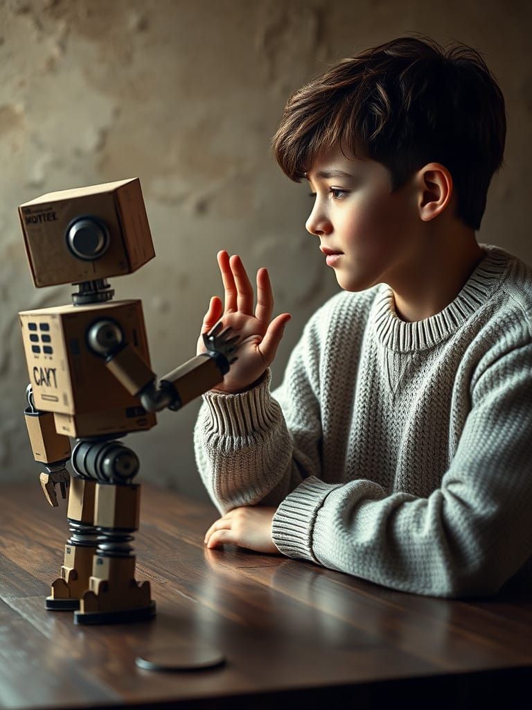 Boy and Steampunk Robot Share Intimate Moment in Rustic Sett...