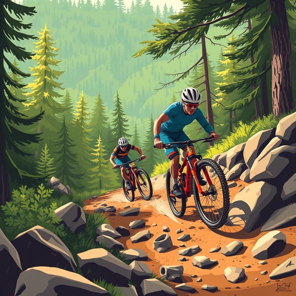 Bikes Soar Down Rocky Trail in a Vibrant, Dynamic Illustrati...