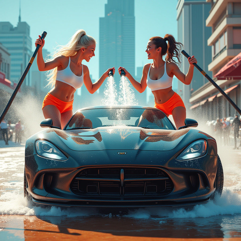 Women Washing Car in Futuristic Cityscape