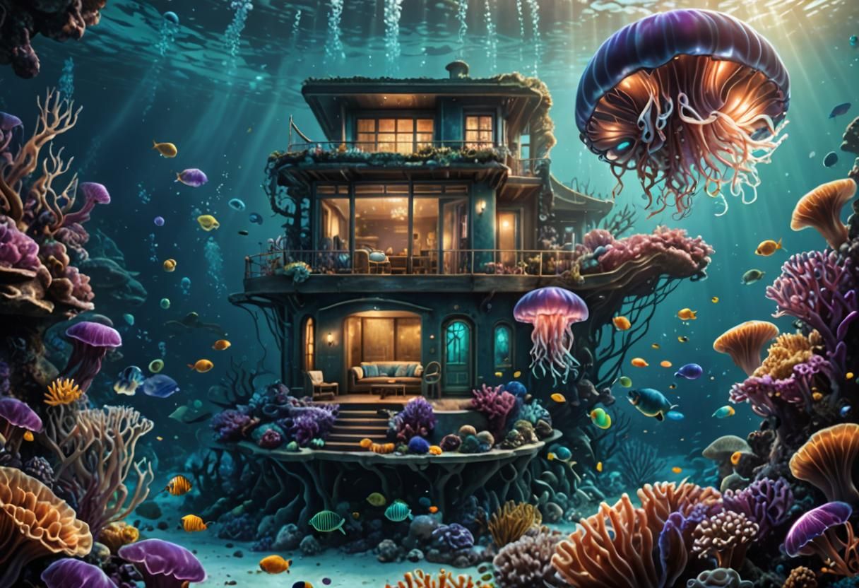 Hyper-Realistic Underwater Home with Bioluminescent Sea Life