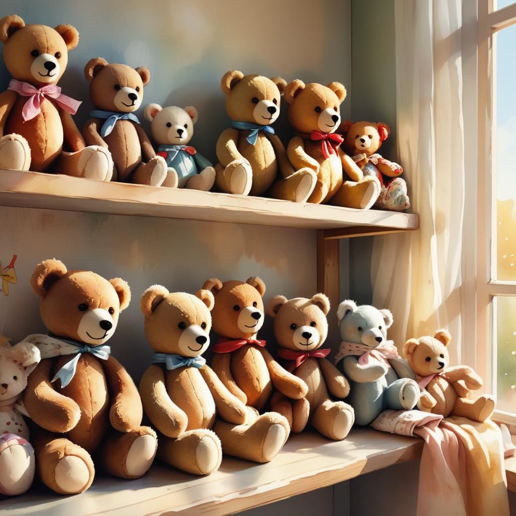 Teddy Bears in Cozy Room: Watercolor Illustration