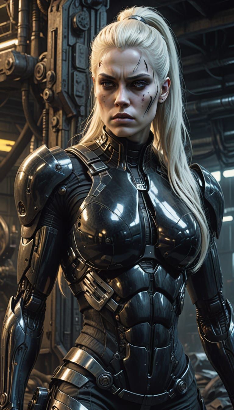 Fierce Warrior Woman in Futuristic Industrial Landscape