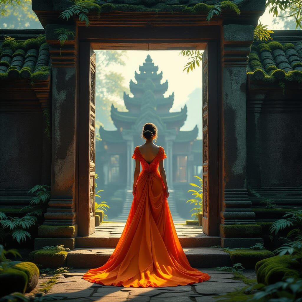 Elegant Lady in Orange Gown at Ancient Temple Entrance