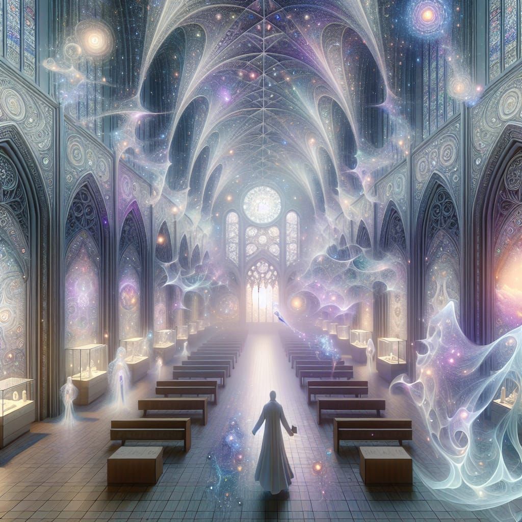 Surreal Celestial Museum with Floating Exhibits in Soft Cosm...