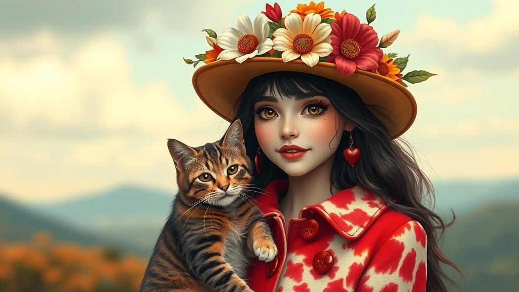 Surrealist Boho Chic Woman with Whimsical Cat in Psychedelic...