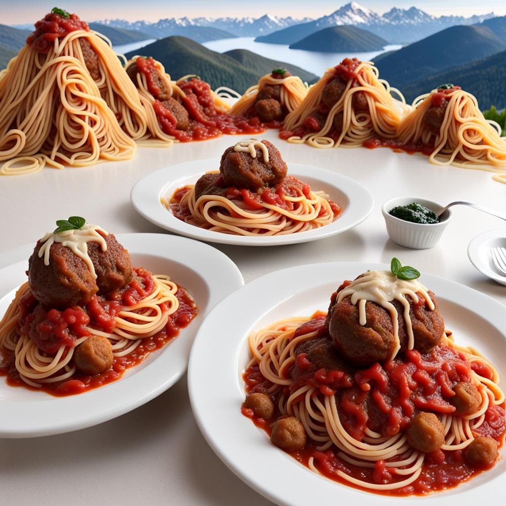 hills made from spaghetti with lakes made from marinara sauce and mountains made out of meatballs