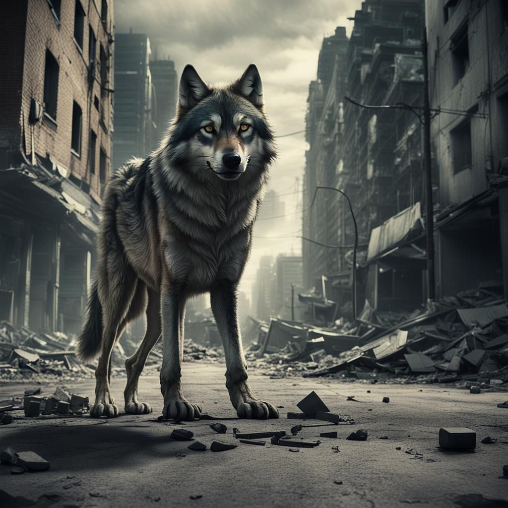 Bipedal Wolf Soldier Patrolling Ruined City