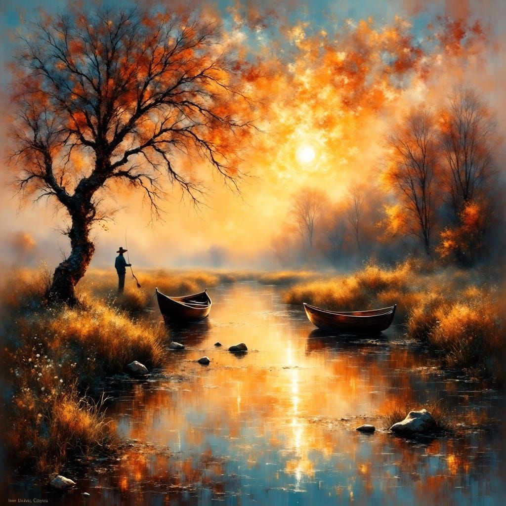 Surrealist Sunset Pond Scene with Lonely Fisherman