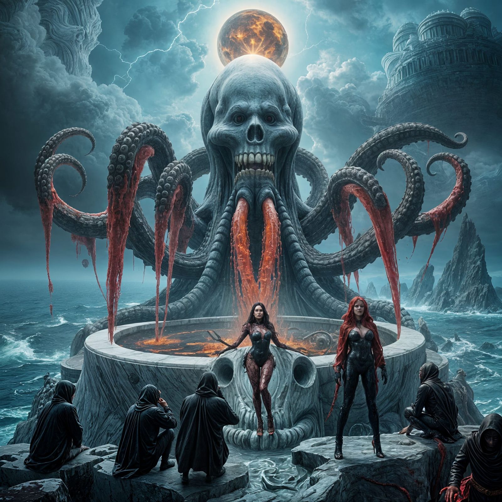 Giant Cthulhu Blood Fountain Under a Stormy Sky