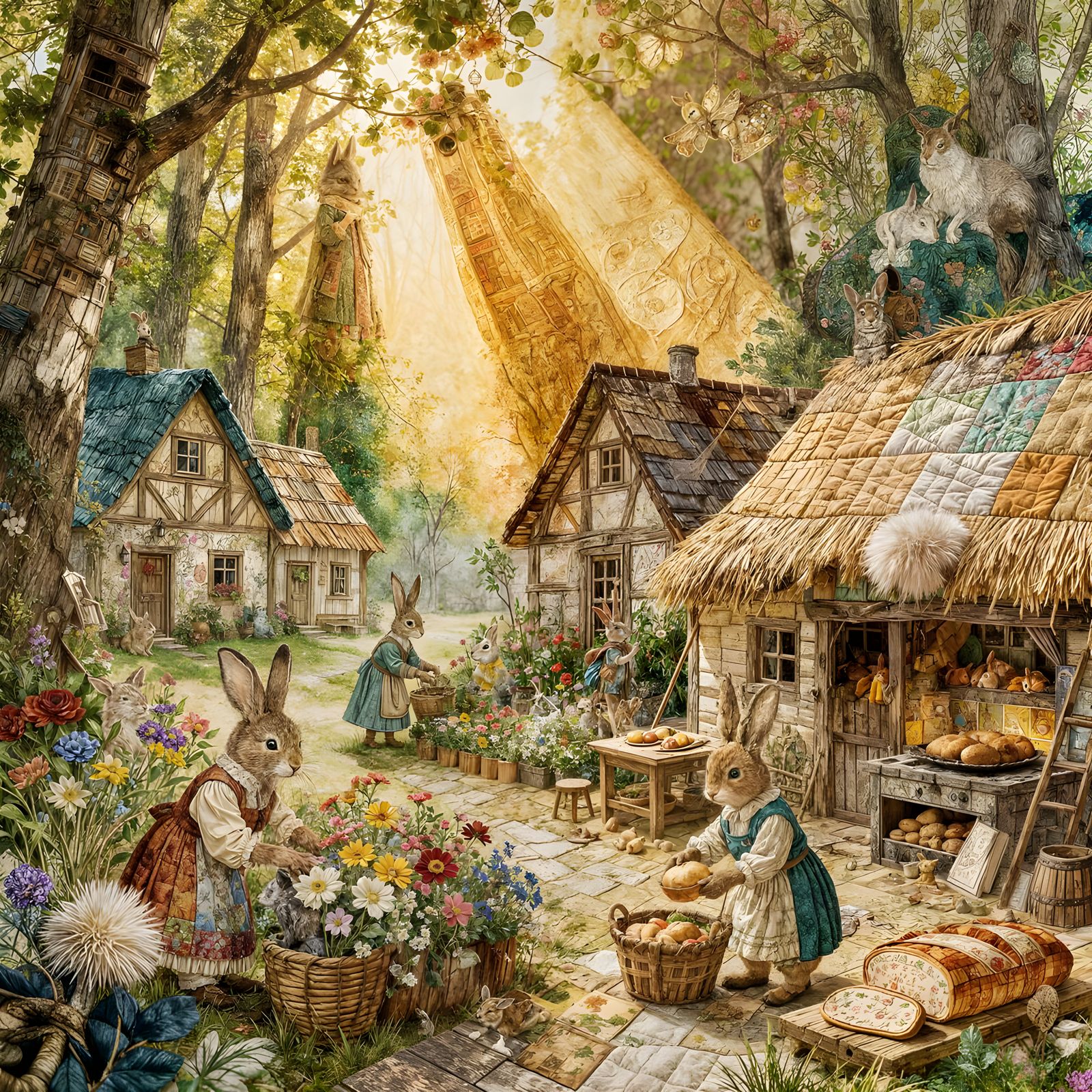 Whimsical Rabbit Village Illustration in Rackham & Barklem S...