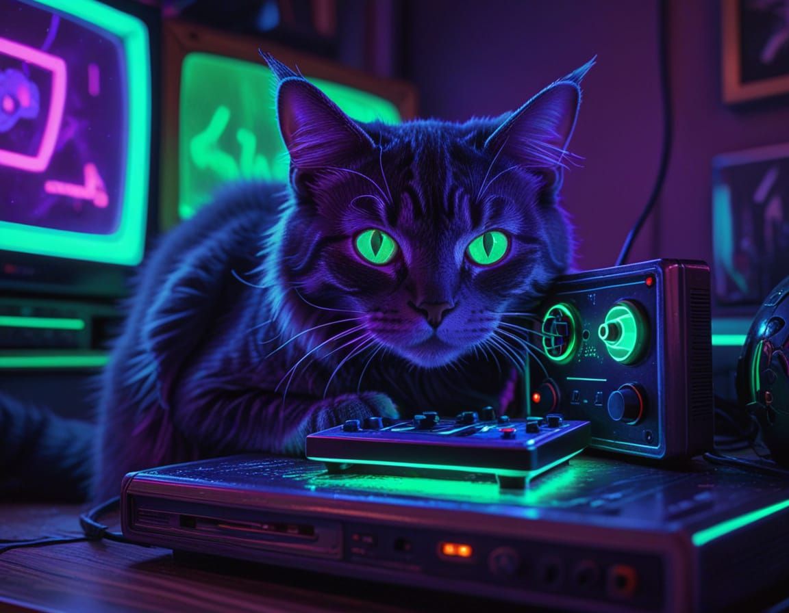 Neon Cat Gamer in Psychedelic Blacklight Art