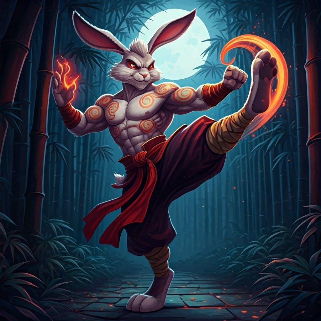 Legendary Jack Rabbit Kung-Fu Master in Vibrant Moonlit Bamb...