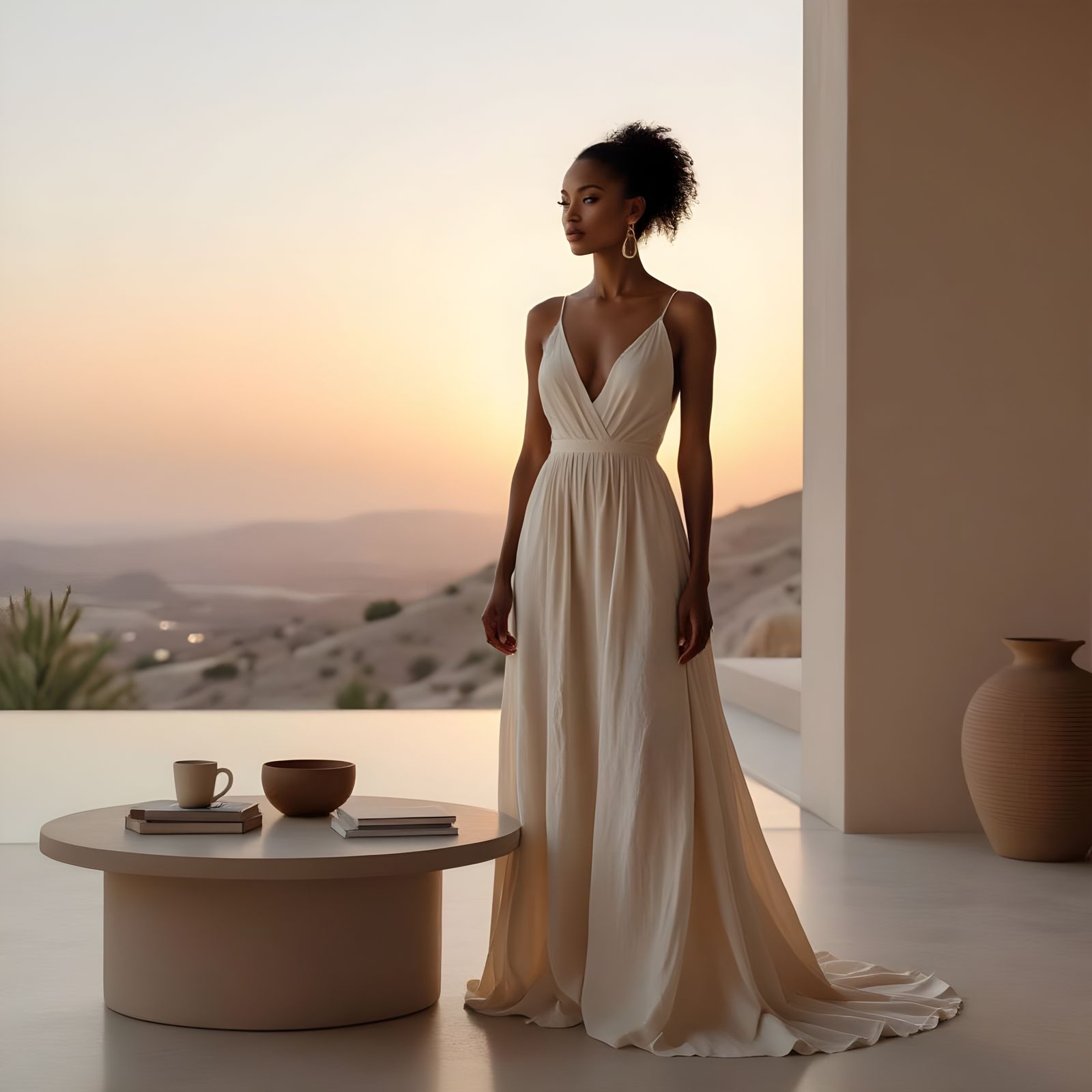 Minimalist Photo of Black Woman in Linen Gown at Sunset
