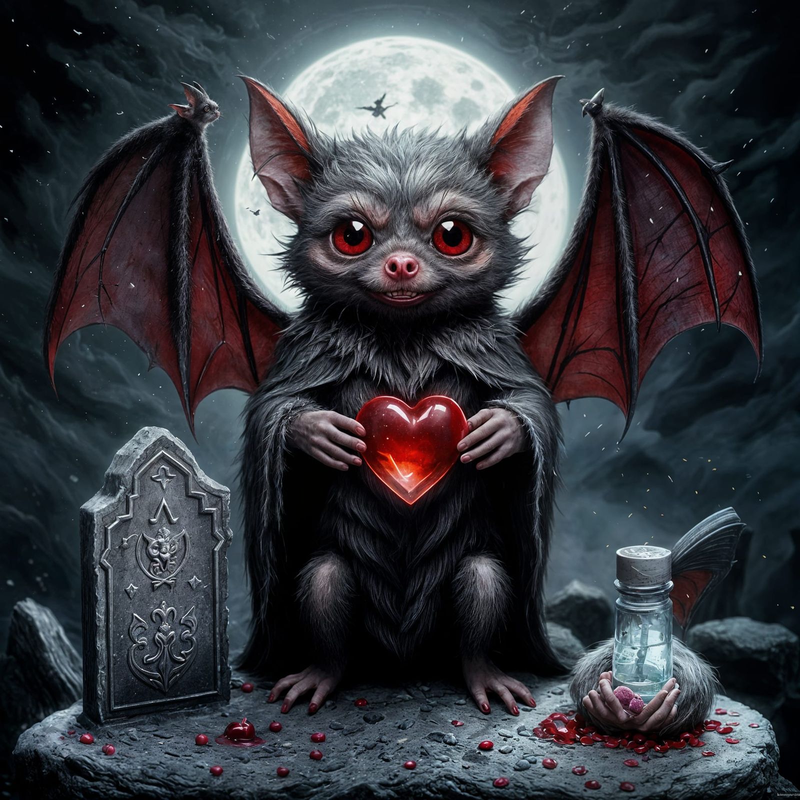 Adorable Baby Vampire Bat with Heart Bottle