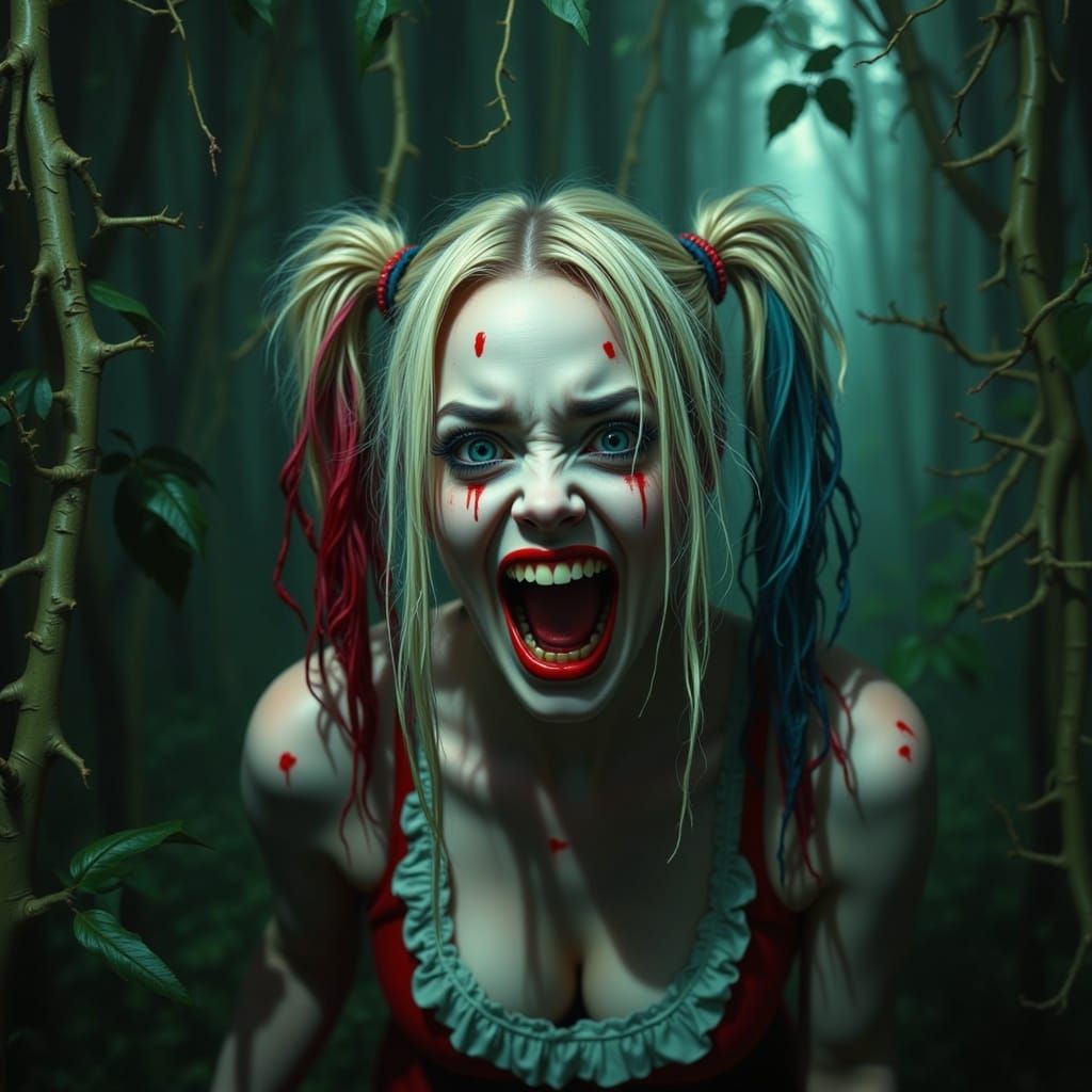 Harley Quinn in Thorny Vines: A Horror Scene