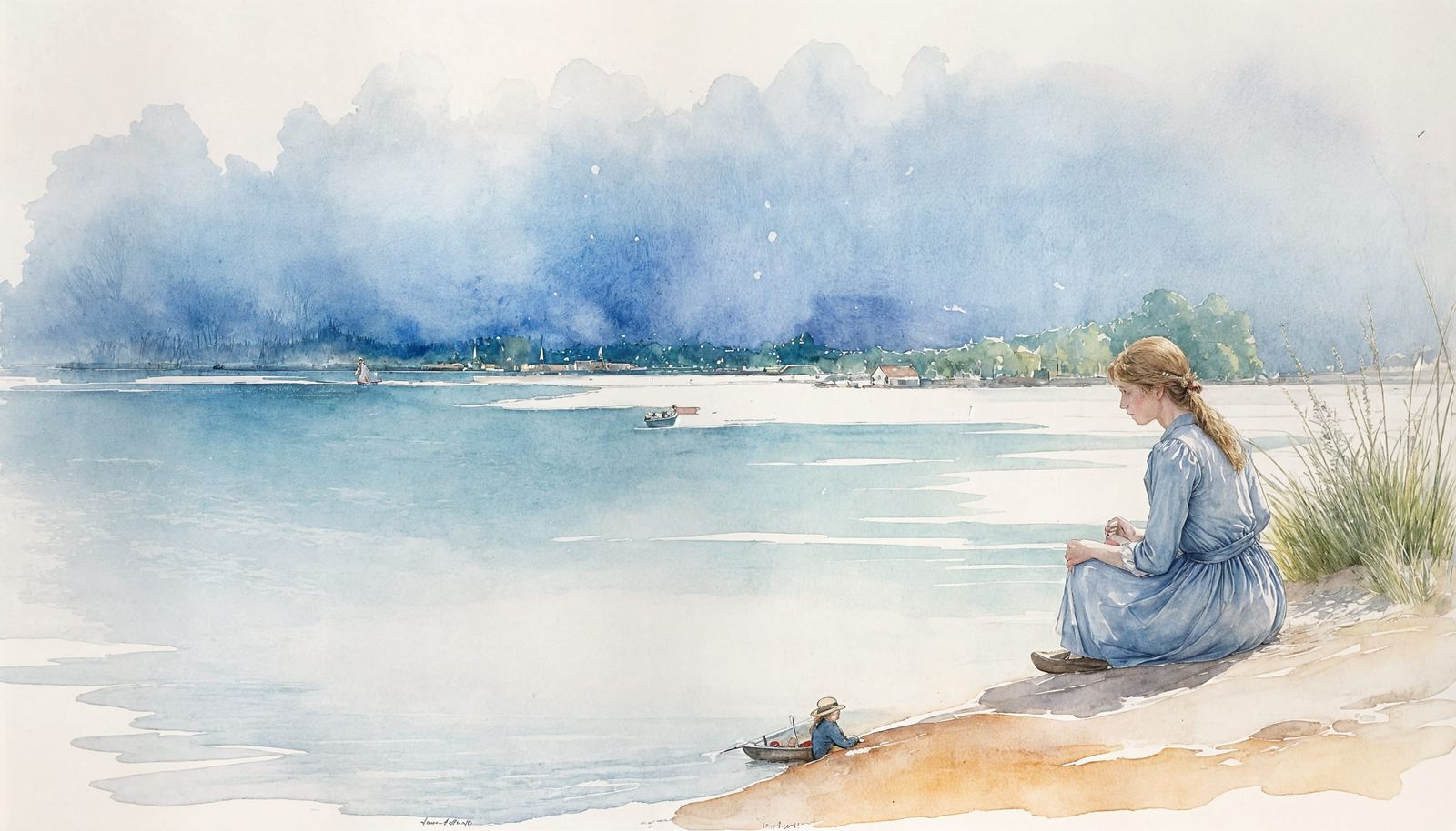 Watercolor of Karin by the Water, Carl Larsson Style