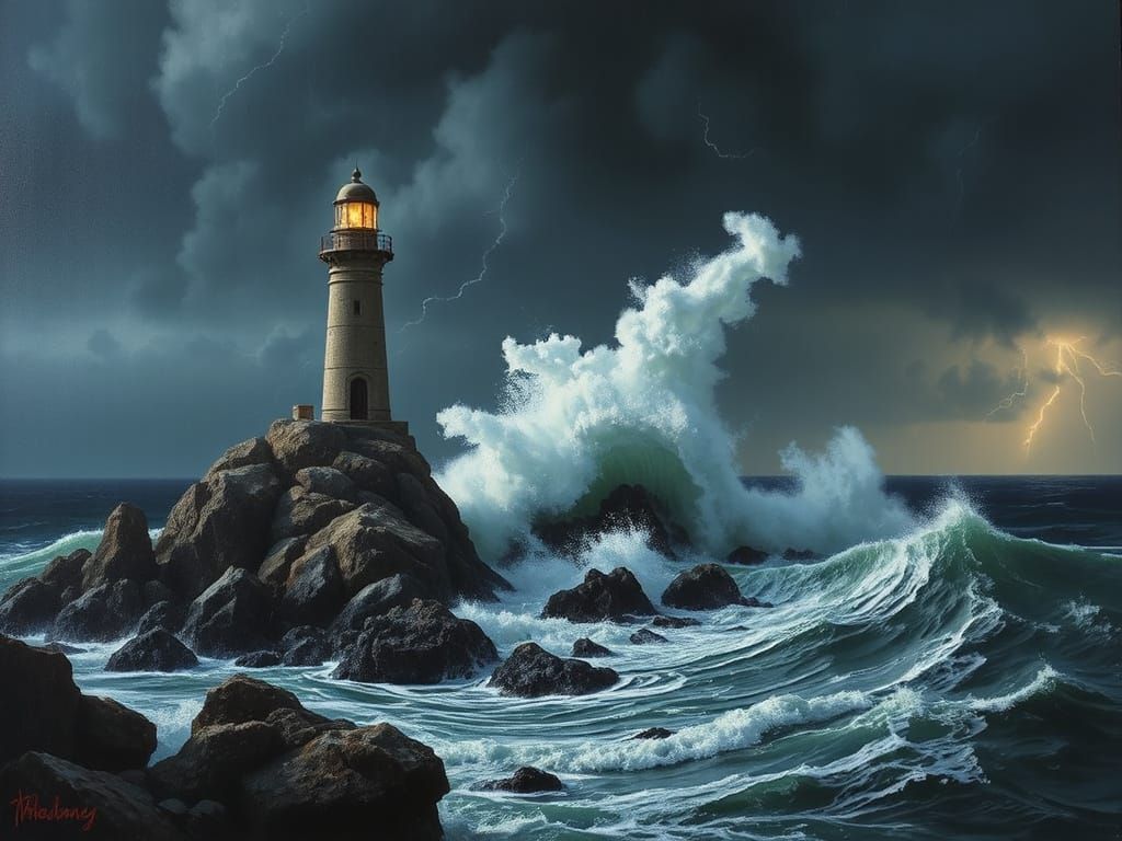 Lighthouse in Storm as Maritime Gothic Painting
