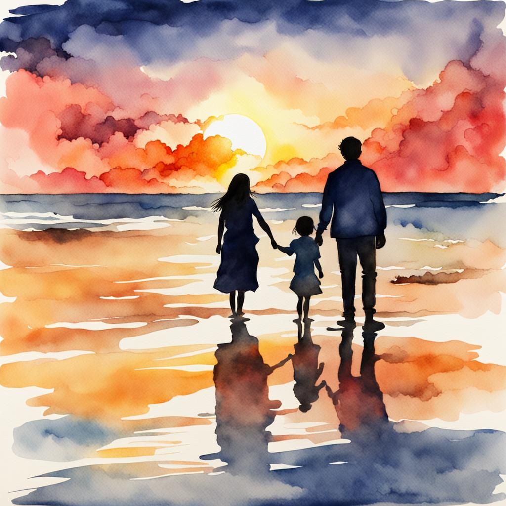 Watercolor Sunset Silhouette on Beach