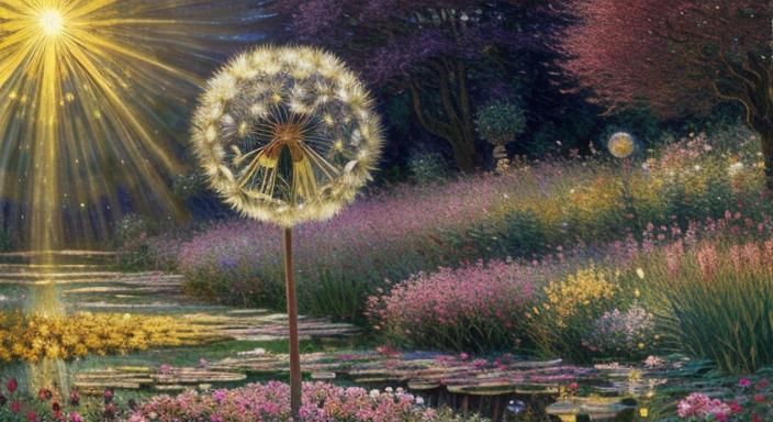 Dandelion in Gold Filigree with Impressionist Style