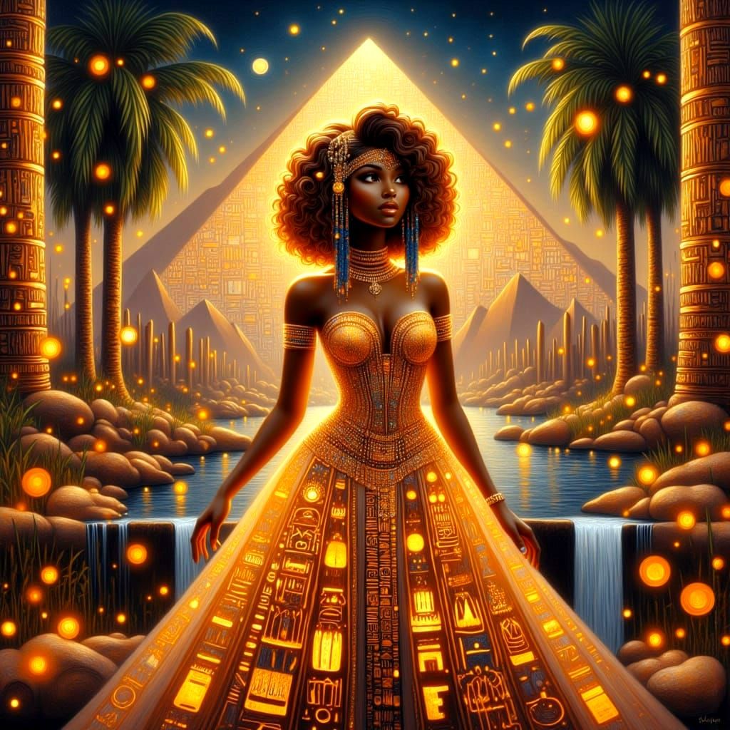 Elegant Egyptian Woman with Pyramid and Hieroglyphics