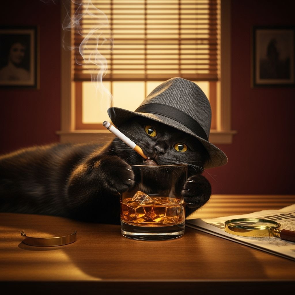 Noir Cat with Fedora in Burgundy Room
