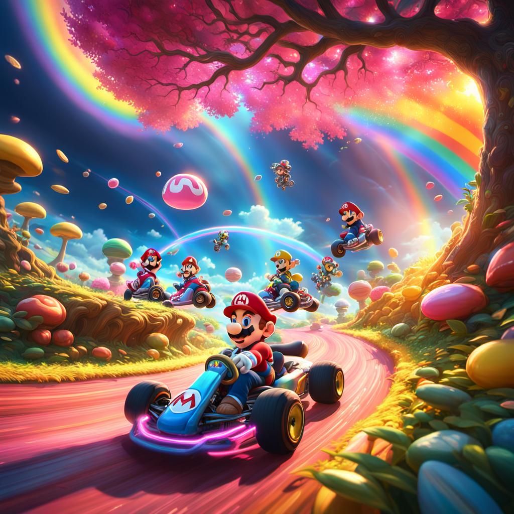 Glowing Rainbow Tree in Vibrant Fantasy World