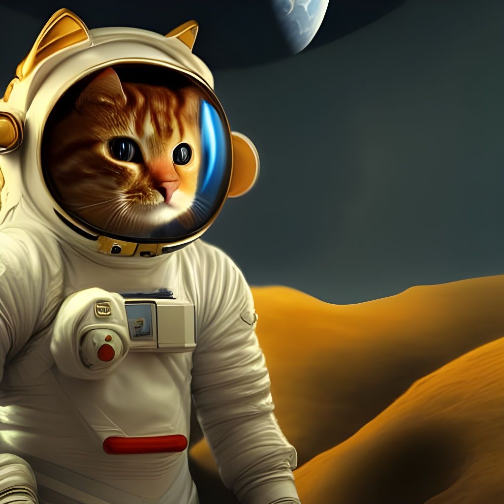 Ginger Cat Astronaut on Cratered Moon in Sci-Fi Painting